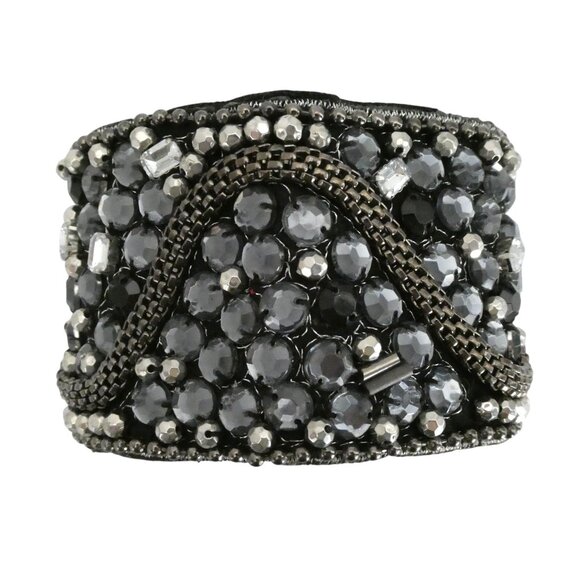 Rhinestone & chain embellished wide cuff bracelet Magnetic closure - Picture 1 of 5
